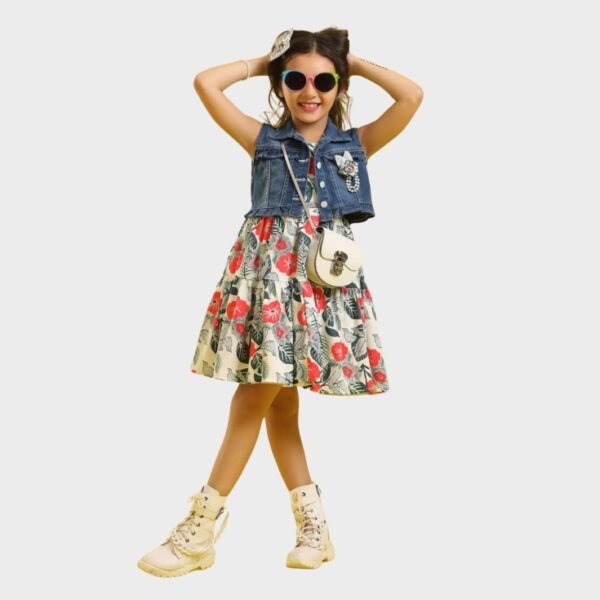 Floral Dress with Denim Vest and Accessories – Complete Trendy Outfit