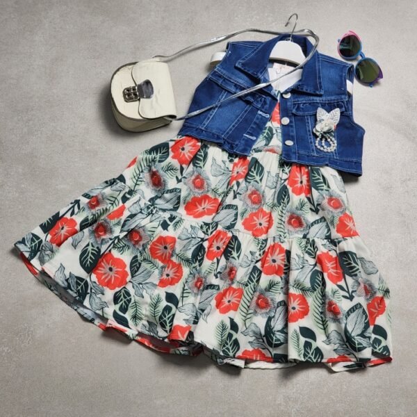 Floral Dress with Denim Vest and Accessories – Complete Trendy Outfit - Image 2